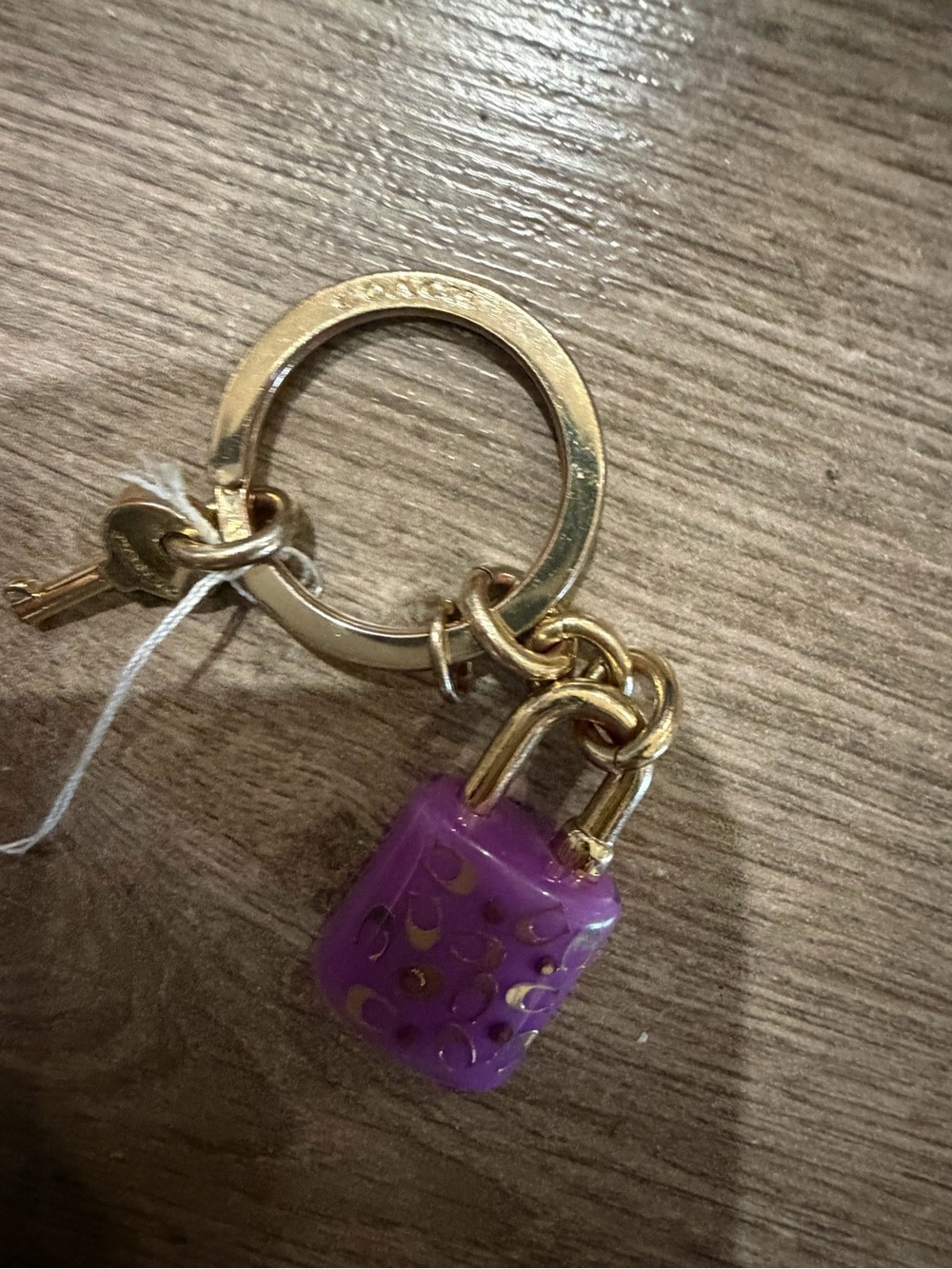 Coach Gold-Tone Keyring with Purple Enamel Padlock Charm and Mini Key - Picture 3 of 5